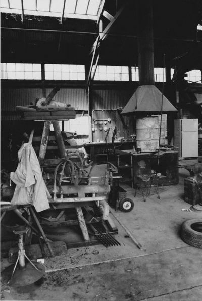 Inside of the Blacksmith shop, Rancho Sespe, date unknown.

