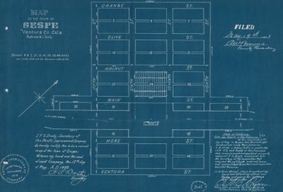 In May 1893 the Sespe Town Plan (above) was filed with the County of Ventura and was to be located between Sixth and Seventh Streets with the streets running from Fifth to Eighth. Only a few streets can still be found on maps found today.