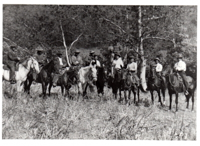 Horse riders just east of the corral in the mouth of Pole Canyon. Pictured are Dick Sackett, Harry McConnell, Jack Casner, Frank Arundell, Norman Arundell, Mark Richardson, Bill Akers, Steve Manriquez, standing is Joe Real and Joaquin Real.
