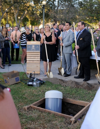 In honor of Fillmore’s Centennial anniversary, a time capsule was buried in Central Park. Pictured with the capsule are Councilmembers Diane McCall and Douglas Tucker (right), with Mayor Manuel Minjares center. All councilmembers were present.