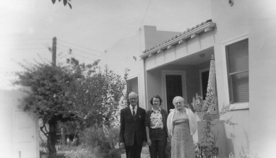 Standing in front of 901 Ventura Street where McDonald's is now located. (l-r) Methodist Minister, Mom Anna, and Minister's wife
