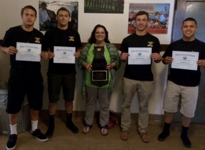 The following students participated in the 5TH Annual Navy SEAL Invitational Tournament in Coronado, April 25, 2015 (l-r) David Vargas, Daniel Flores, Tereck Morales, and Michael Castro, with Anna Morielli center. Not present: Chad Petuoglu, Derek Flores, Ricardo Lomeli, Angel Velez, Matthew Hammond, Chaperones Bob and Lisa Hammond. The Spirit of the Gut Award, held by Morielli, was presented to the team who participated in the 4th Annual Navy SEAL Invitational Tournament, May 2014 for displaying the most spirit, heart, inspiration to continue the course despite the challenges.