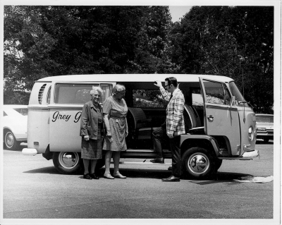 GREY GABLES MINI VAN: To service the valley’s growing senior population, Gray Gables administrator Dick York proposed several NRTA-AARP outreach programs: meals-on-wheels, a senior center, a retired senior volunteer program, and a mini-van transportation service. 
Courtesy of: The Gables of Ojai Archives