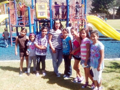 Piru Elementary students showing off the up-to-date playground.