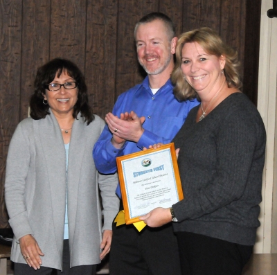 (l-r) Board President Virginia De La Piedra, F.H.S. Band Leader Greg Godfrey, and Toni Doktor. Doktor was presented the Students First Award for her generous donation of a Baldwin Grand Piano valued at $10,000 to the District’s Music Program.