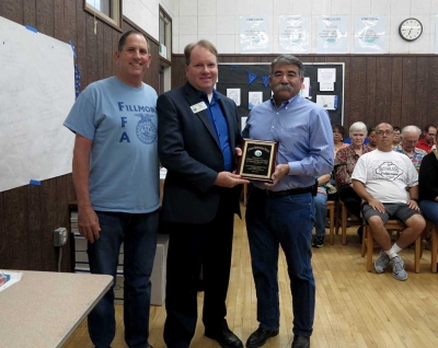 (l-r) Tom Mayhew, FFA President, Scott Beylik, in his role as President of the FUSD Board of Education, and Keith Gurrola, FFA President.