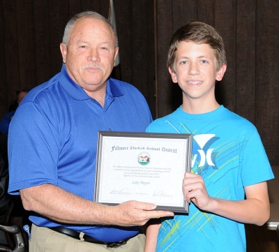 Congratulations Luke! The Fillmore School Board recognized an exceptional seventh grade student, Luke Meyers, who achieved a perfect score on the State Algebra 1 Test. Meyers is now two years ahead in math and a great example of FUSD getting a head start by tackling math early. Pictured (l-r) FUSD Board President David Wilde and Luke Meyers.