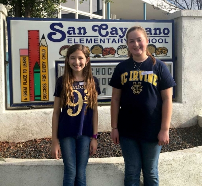 (l-r) are 2nd place runner up Presley McLain and 1st place winner Nadia Palazuelos, who will compete at the Ventura County Spelling Bee Final in March.