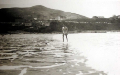 Uncle Dick Keating surfing Pacifica, CA in the early 1940's. Photo credit: Dick Keating