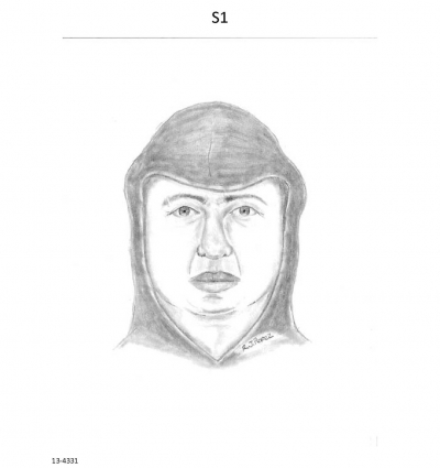 The suspect from the February incident (S1) is described as a Hispanic male, between 35 and 45 years old.  He was between 5’8” and 6’0” tall with a large belly.  He was wearing a dark colored hooded sweatshirt and faded blue jeans. He was further described as having a round face with “chubby cheeks” and discolored teeth.  Sketch “S1” is a depiction of the suspect.