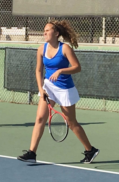 Fillmore’s girls tennis player as she warms up before the match against Santa Paula.