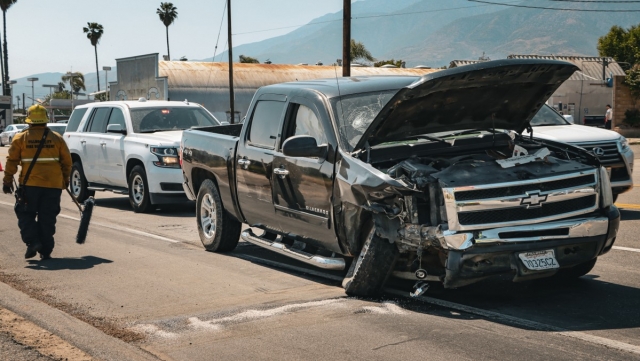 On Sunday, May 14, Fillmore Police Department, Fillmore City Fire, and AMR Paramedics were dispatched to a traffic collision at the intersection of Ventura Street and Central Avenue. Arriving firefighters reported two vehicles involved with moderate damage; grey sedan and a black Chevy Silverado. The sedan came to rest on the rear sidewalk of Ernie's Auto Shop. The truck continued eastbound on Ventura Street, taking down a bike sign and resting at Ventura and Fillmore Street. No one was reported injured. Cause of the collision is under investigation by Fillmore Police Department. Photo credit Angel Esquivel-AE-News. 