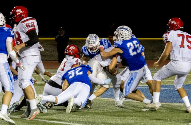 On Friday, October 20th, the Fillmore Flashes hosted their 2023 Homecoming game against Carpinteria and defeated them 31–14. This Friday, October 27th, the Flashes will host their Senior night against Port Hueneme High School, JV begins at 4pm, Varsity at 7pm. Above is Flashes Varsity taking down a Carpinteria player as he tries to advance down the field. Below, Flashes JV making the tackle to shut down the Carpinteria defense. Photo credit Crystal Gurrola. More JV & Varsity photos online at www.FillmoreGazette.com. Fillmore is now 6 – 3 overall on the season. Info courtesy https://www.maxpreps.com/ca/fillmore/fillmore-flashes/football/schedule/. 

