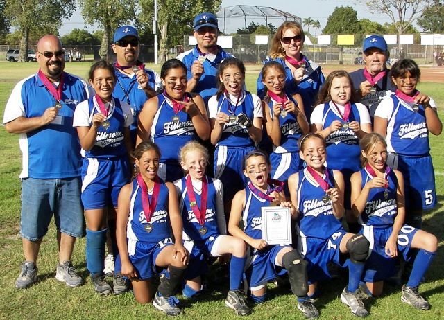 Left, Fillmore 10U All Stars placed 3rd in the district qualifier on June 21, 2009. Sierra Huerta pitched a no -hitter, hit a homerun, and 2 triples. Bailey Huerta hit 2 triples, Leah Meza hit one triple and one homerun and Taylor Brown hit a triple . This is the teams 4th tournament and will advance to the CalState Games in San Diego on July 17th 2009. Pictured left: Bottom row: Jada Avila, Taylor Brown, Kayla Carrillo, Kayla Garcia, Sonya Gonzales. Middle row: Bailey Huerta, Desiree Villanueva, Leah Meza, Emily Garnica, Calista Godfrey, Sierra Huerta. Top row: Coach Tony Cervantes, Coach Frank Carrillo, Manager Santos Garcia, Coach Shelley Huerta, Coach Joe Cabral.
