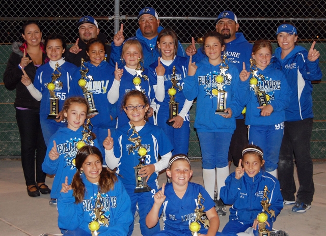 Fillmore 10U All-Stars take the Camarillo All-Star (Gold) Tournament after defeating Thousand Oaks in the Championship game. The girls had to beat teams from Hart, Santa Monica, and Northridge to reach the championship. Pictured Top Row: Tots Cervantes, Nikki West, Jessica Harvey, Amanda Villa, Maddie Charles, and Tori Villegas. Middle Row: Kasey Crawford and Sami Ibarra, Bottom Row: Cali Wyand, Lindsey Brown, and Naveah Walla. Manager Danny Ibarra, Coach Phil Hurtado, Hector Cervantes, Carina Crawford and Monique Cervantes.