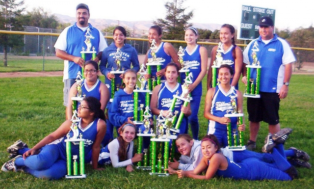 Top Row: Head Coach Mike Thompson, Cheyanne Tarango, Justine De La Rosa, Anyssa Cabral, Kayla Grove, Coach Jason Faulkner. Middle Row: Lilly Duran, Kayleigh Thompson, Miranda Faulkner, Sarah Lopez. Bottom Row: Niki Spencer, Macie Wokal, Serena Venegas, Brooke Pemintel. The girls played 3 games back to back and won it all against Ojai 14-1.