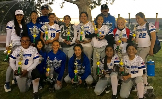 Pictured above is the Fillmore Girls 12U Softball Team top row l-r: Coach Cali Venegas, Aleena Camacho, Coach Cesar Camacho, Davina Miranda, Makayla Balboa Destiny Halcon, Ary Munoz Coach Pokey Sanchez, Emma Harm, Desiree Cardona, bottom row l-r Vivianna Posadas, Erika Sanchez, Annalisa Cabral, Sofie Aviles, Marissa Lugo. Photo courtesy Stephanie Cardona.