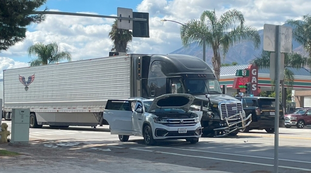 On Monday, August 21, 2023, at 3:00 pm, Fillmore Police, Fillmore Fire, and AMR paramedics were on-scene investigating as semi versus SUV at the intersection of Ventura Street and B Street, Fillmore. Two ambulance transports were made, conditions unknown. Cause of the crash is under investigation by the Fillmore Police Department. Photo credit Angel Esquivel-AE News.