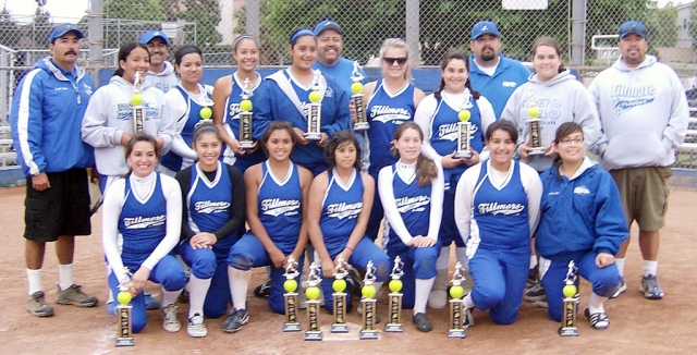 The 14 & Under All-Star team battled to beat Ojai Valley 4-2 in the championship game. The previous weekend the girls won the Thousand Oaks Memorial Weekend Tourney by going undefeated the entire series, only giving up 2 runs in 5 games. The next tournament will be in Moorpark on June 6th, 2009 . Pictured above top row: Manager Ernie Ortiz, Deseree Lagunas, Coach Bobby Cruz, Amanda Vassaur, Tatiana Gonzales, Mary Ortiz, Coach Ron Mendez, Candace Stines, Amber Magana, Coach Manurl Magana, Reina Magana, and Coach Bill Vassaur. Bottom Row: Janessa Lopez, Paula Laureano, Karina Carrillo, Deanna Magana, Kaylee Hiinklin, Marissa Vasquez, and Chellie Arreguin.