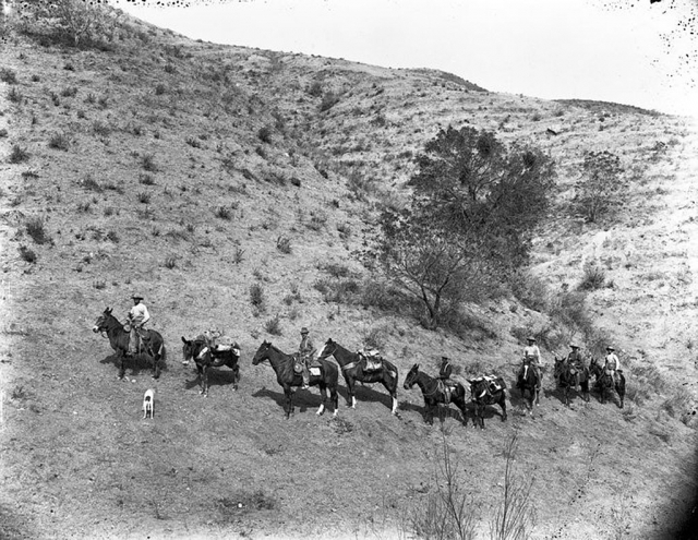 From John Thompson: Here is a copy of a glass plate negative that was taken around 1895. I believe they are up Sespe and the hills around town. My mom bought them at as estate sale in the early 90s. Luckily they were on the dark room floor during the Northridge quake. I do not have any idea of who the people are.
