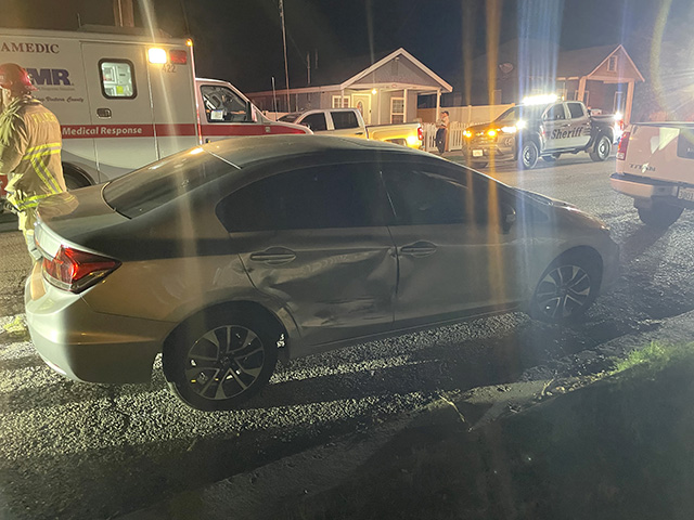 On Wednesday, September 16, at approximately 8:28 p.m., the Fillmore Police Department, Fillmore Fire Department, and AMR Paramedics were dispatched to a reported two-vehicle collision in the 300 block of Mountain View Street. Upon arrival, firefighters found one vehicle with significant passenger-side door damage and a pickup truck that had been struck in the collision. One person was transported to a local hospital, condition unknown. Photo credit Angel Esquivel.