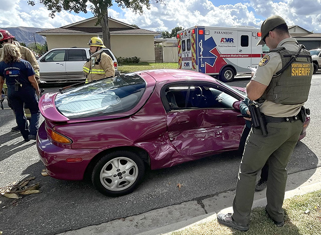 On Thursday, October 22, at approximately 1:34 p.m., the Fillmore Police Department, Fillmore City Fire Department, and AMR paramedics were dispatched to a reported traffic collision at the intersection of B Street and Sespe Avenue. Upon arrival, firefighters located two vehicles involved in the collision. One vehicle sustained moderate damage to the passenger-side door. No ambulance transports were reported, and the cause of the collision remains under investigation. Photo credit Angel Esquivel.