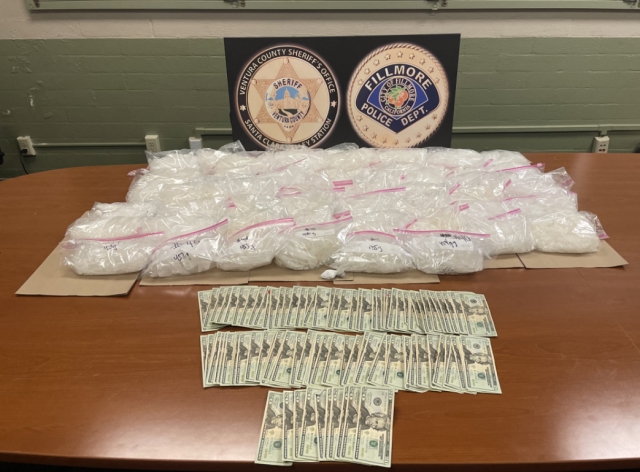 On August 18, 2023, VCAT investigators developed information which indicated a large shipment of methamphetamine from Mexico was destined for the city of Fillmore. During the operation, investigators observed Downey resident, Erick Montoya in the McDonald’s parking lot in the 900 block of Ventura Street, Fillmore. A Fillmore Police K-9 was used to conduct a sniff search of Montoya’s vehicle. The K-9 alerted to the presence of 56 pounds of narcotics inside the vehicle, estimated to be worth over $1.2 million.