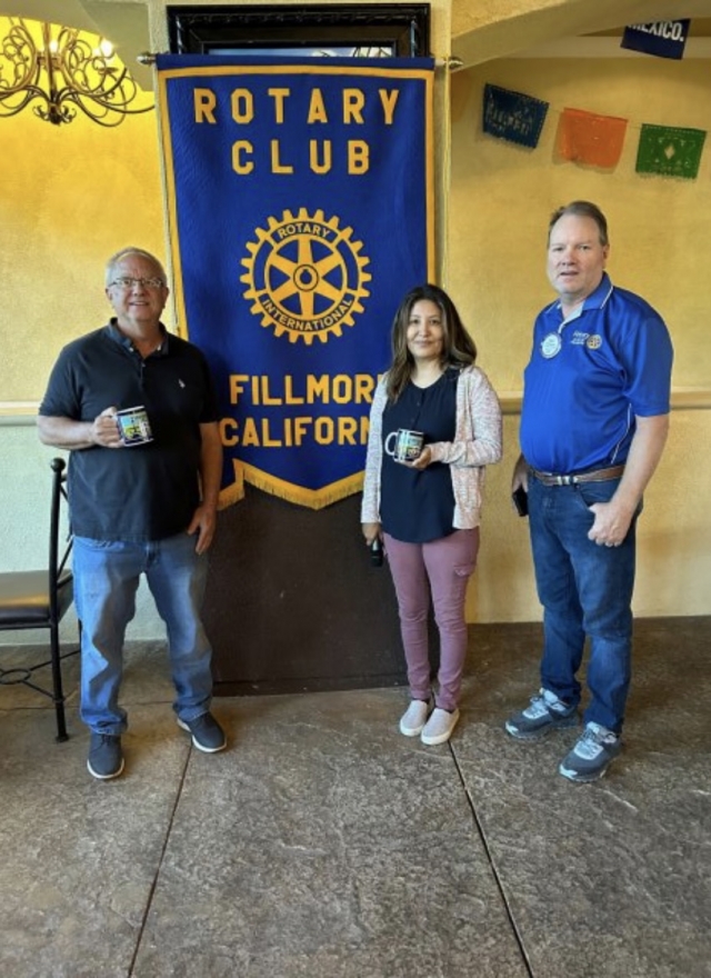 Above is Fillmore Rotary speakers Howie Freedman and Susana Willeford with Rotary President Scott Beylik presenting them with a rotary mug as a thank you. Photo credit Rotarian Martha Richardson.