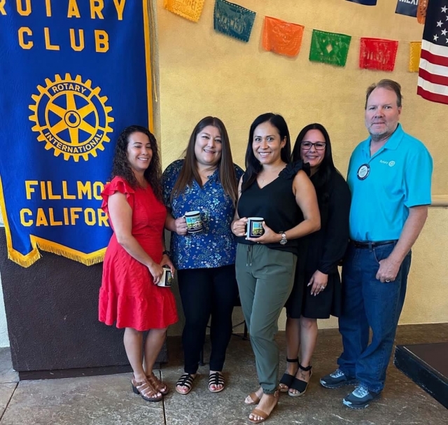 On Wednesday, September 13, the Rotary Program was presented by Fillmore Unified School District staff members (l- r) Rosanna Lomeli, Nancy Luna, Maria Hurtado and Trina Tafoya, along with Rotary President Scott Beylik. They informed the Club about the Wellness Centers and resources provided, at each school, to aid the students and families. The Wellness Centers provide mental health services, trained wellness peers and counselors. This has been especially important since Covid when the students were isolated at home and are now having to adjust to the chaotic life of classrooms and school. Photo credit Rotarian Martha Richardson. 