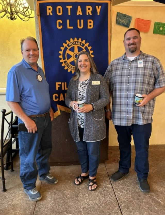 Last week the Fillmore Rotary program speakers were Andrea McNeill and Chris Cline from the FUSD. Because of Measures A & B they have had the funds to begin making improvements and modernizations at each school. Several projects are in progress, and more are coming. Some of the projects are shade structures at the elementary schools, new air conditioning at the FHS Arts Building, and the School Farm will receive improvements to the driveway and parking area because if rain damage. Pictured (l-r) is President Scott Beylik presenting Andrea McNeill and Chris Cline with a Rotary Mug as a thank you. Courtesy Rotarian Martha Richardson.