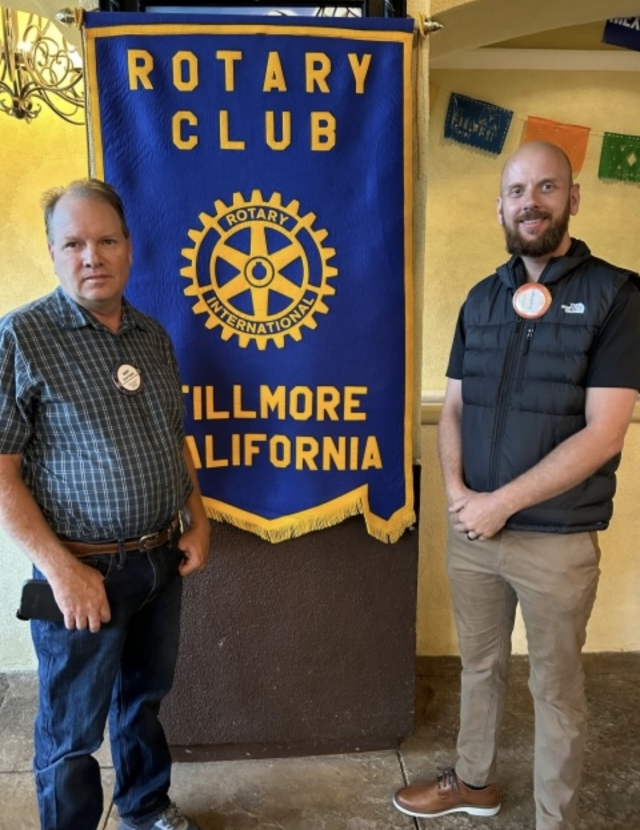 Pictured right is Rotary President Scott Beylik inducting new member Brad Briggs. He and his family are new to Fillmore coming from Camarillo. His company is Steammaster Carpet cleaning. Courtesy Rotarian Martha Richardson.