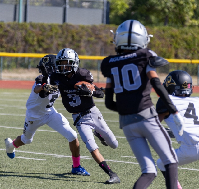 Fillmore Raiders Junior #3 carrying the ball as he tries to push his way past the Rams defense in their homecoming game last weekend. Photo credit Crystal Gurrola