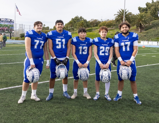 On Saturday, February 3, 2024, five Flashes traveled to Camarillo High School to compete in the 50th Anniversary East vs. West All-Star Game hosted by Ventura County Football Coaches Association for their chance to showcase their skills. The boys played great with the East Team winning (Flashes team) 20 – 23. Pictured (l-r) are Antonio Munoz, Anthony Porter, Joseph Perez, James Chaveste, and David Jimenez. Photo credit Crystal Gurrola. Full story on page 9. 