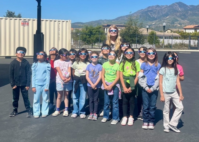 On April 8, 2024, Rio Vista Elementary students were able to view the solar eclipse. Prior to the event, they learned all about solar eclipses. Pictured is Ms. Henderson’s class safely viewing the exciting event.