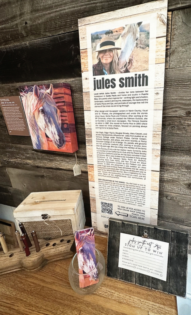 Juliann “Jules” Smith artwork is pictured for sale at D & E Boutique in Santa Paula. Jules was the founding editor of The Fillmore Gazette. Photo credit Gazette Staff.