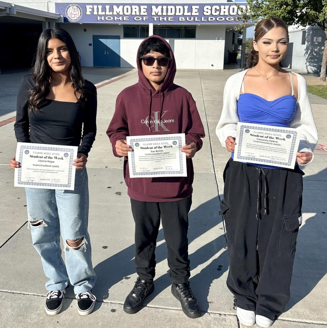 Fillmore Middle School Principal Jenny Plugge said, “We want to celebrate our students of the week for September 26, 2025. Lilyanna Vargas, Ihan Benitez, and Cassandra Saldivar. Congratulations to these Bulldogs for demonstrating Bulldog Pride!”