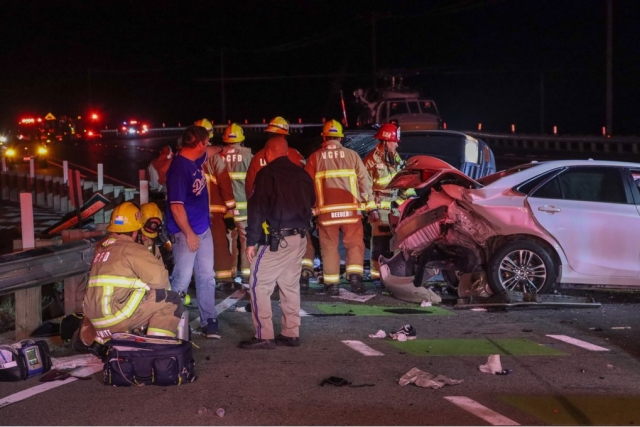 On Friday, April 14, 2023, at 10:00pm, Ventura County Fire Department, AMR Paramedics, California Highway Patrol, an AMR Supervisor, and Los Angeles County Fire Department were dispatched to a reported traffic collision on SR126 & Center Street, Piru. Arriving firefighters reported three vehicles involved with moderate to heavy damage to all vehicles. Four patients were involved, with two minor injuries and two moderate injuries. A Los Angeles County Fire Dept. transport helicopter landed in the westbound and eastbound lanes of SR126, causing both directions to shut down. The crash is under investigation. Photo & caption credit Angel Esquivel-AE News.