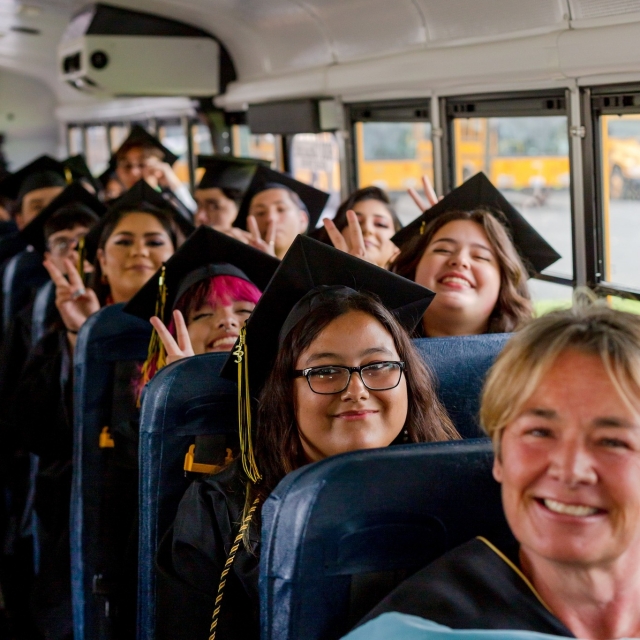 On Wednesday, June 7th, at the district office, Sierra High
School/Heritage Valley Independent Study held their 2023
Graduation Ceremony. Above are students as they take
their last bus ride as seniors. Photo courtesy https://
www.facebook.com/photo/?fbid=712459410884290&set=
pcb.712460587550839. 