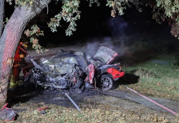 On Saturday, September 30th, at 10:50 p.m., Ventura County Fire Department, AMR Paramedics, and California Highway Patrol were dispatched to a reported vehicle into tree on westbound Highway 126, just east of Torrey Road, Piru. According to a statement by CHP-Moorpark office, a 45-year-old Sylmar man was headed west on the highway in the fast lane but traveled right into the slow lane and then to the right shoulder before crashing into a tree. The involved vehicle was a 1989 Toyota coupe; it became fully engulfed in fire after impact, CHP spokesman Ryan Ayers said Sunday. Ayers said the man was unable to get out of the vehicle, he was pronounced dead at the scene by Ventura County Fire Department, which extinguished the fire. Caltrans was also notified that 60 feet of chain link fence and eight poles were damaged. Anyone with information about this incident is encouraged to call the CHP’s Moorpark office at (805) 553-0800. Photo credit Angel Esquivel-AE News.
