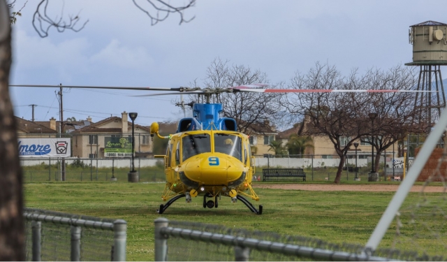 Copter 9 landed at Two Rivers Parks to drop off three hikers who were rescued near the Los Padres National Forest Saturday afternoon. Photo credit: Angel Esquivel-Firephoto_91.