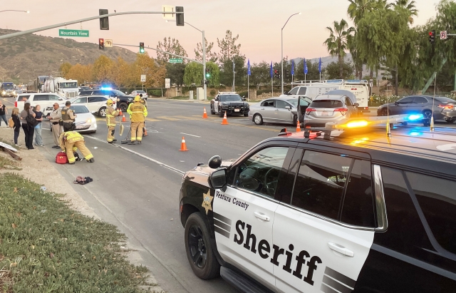 On Tuesday, November 12, at 4:37 p.m., Fillmore Police, Fillmore Fire, and AMR paramedics were investigating a multiple car collision at Ventura Street and Mountain View. Four vehicles were involved, and one patient was transported to a local hospital, condition unknown. The cause is under investigation. Photo credit Angel Esquivel.