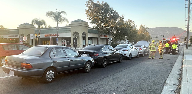 On Thursday, September 3, at approximately 6:21 a.m., the Fillmore Police Department, Fillmore City Fire Department, and AMR Paramedics were dispatched to a reported traffic collision on A Street near Ventura Street. Upon arrival, firefighters located four vehicles involved in the crash. Minor injuries were reported, and no ambulance transports were made. The cause of the collision is under investigation. Photo credit Angel Esquivel.