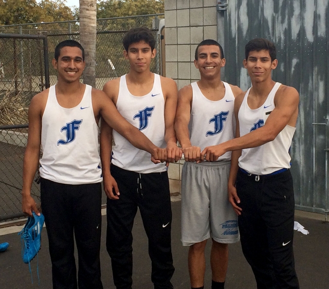 (l-r) Demitriouz Lozano, Dominick Gonzalez, Aaron Cornejo, and Damien Gonzalez. Not in photo are alternates Enrique Gutierrez and Saul Santa Rosa. The Boys 4x400m advance to the CIF Finals in Track and Field to take place this Saturday at Cerritos College. This past Saturday at CIF prelims the boys set a personal record with a time of 3:28.38 placing third overall. Way to go Flashes!