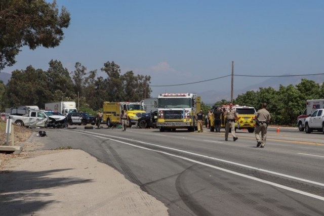 Ventura County Fire Department, AMR Paramedics, and California Highway Patrol were called to a reported head-on collision on westbound SR126 and Pyle Road in Fillmore on Monday, July 24, 2023, at 1:58 p.m. Firefighters on the scene discovered two pickup trucks with moderate to severe damage. One patient had moderate injuries, while two patients suffered possible major injuries. Firefighters blocked off both lanes of SR126 so that the helicopter could land and transport the patient. Two patients were taken to a nearby hospital by ambulance, while a third patient was flown to a local hospital. On-scene CHP officers shut down westbound SR126 traffic until the scene was cleared. Photo credit Angel Esquivel-AE News.
