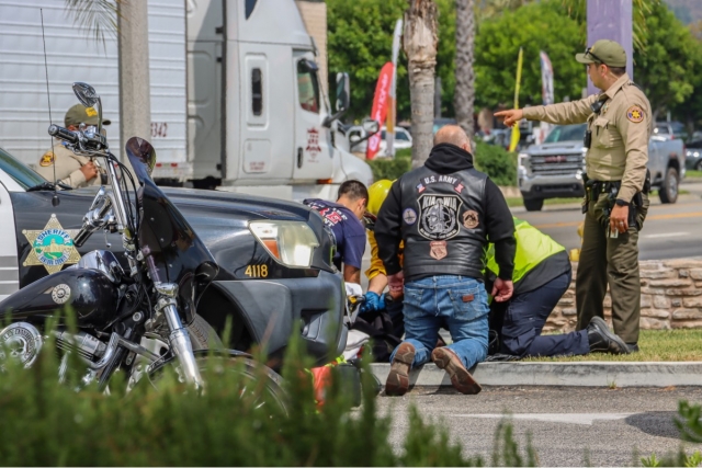 On Friday, September 15, at 1:58m pm, the Fillmore Police Department, Fillmore Fire Department, and AMR Paramedics were dispatched to a reported traffic collision involving a sedan and motorcycle in the 800 block Ventura Street, Fillmore. According to Fillmore Police Chief Malagon, “The initial investigation revealed the sedan was traveling eastbound in the number two lane on Ventura Street. The motorcycle was traveling eastbound in the bicycle lane of Ventura Street. The vehicle attempted to negotiate a turn into Taco Bell, at which point the motorcycle collided with the passenger side of the vehicle. The driver of the vehicle was not injured. The driver of the motorcycle was transported to the hospital with unknown injuries at this time. No impairment is suspected by neither party.” Photo credit Angel Esquivel-AE News.