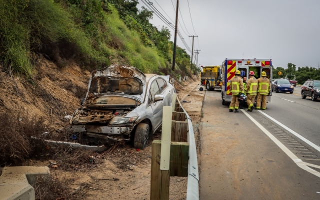 On Thursday, June 22, 2023, at 6:42am, Ventura County Fire Department, AMR Paramedics, and California Highway Patrol were dispatched to a traffic collision at westbound SR126 / Cavin Road, Fillmore. Arriving firefighters found a single vehicle off the roadway with front-end damage. The driver was transported to a local hospital, condition unknown. The investigation is being investigated by Moorpark CHP. Photo credit Angel Esquivel-AE News.