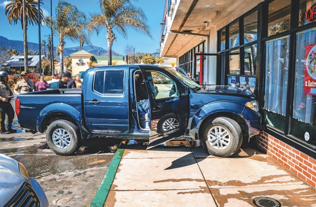 On Wednesday, April 5, 2023, at 2:48pm, Fillmore Police Department, Fillmore Fire Dept., and AMR paramedics were dispatched to a reported traffic collision in the 600 block of Ventura Street, Fillmore. Arriving firefighters found a blue truck had jumped the curb and crashed into the Fillmore Water Store, with moderate damage to the storefront. One female patient was treated by AMR paramedics and was transported to a local hospital, condition unknown. The crash is under investigation by the Fillmore Police Department. Photo credit Angel Esquivel-AE News.