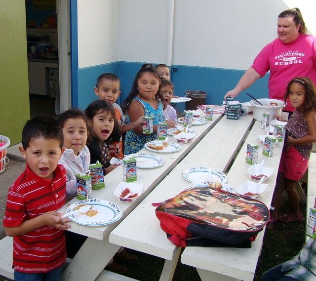 After a week long study on all things apples the Kindergarteners at San Cayetano Elementary spent time in their backyard enjoying special apple treats such as apple juice, apple pie, and applesauce.