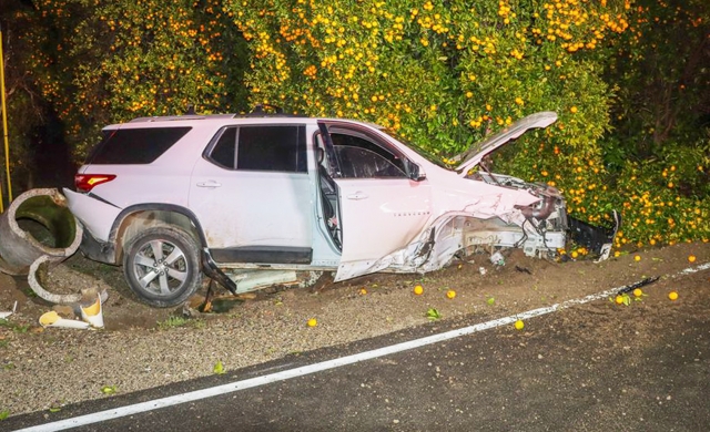 On Friday, February 9, at 4:21 a.m., Ventura County Fire Department, AMR Paramedics and California Highway Patrol were dispatched to a reported traffic collision in the 1200 block of Riverside Avenue, Bardsdale. Arriving firefighters found a white SUV with three occupants and a parked Audi, minor injuries were reported. The crash is under investigation. Photo credit Angel Esquivel-Firephoto_91.