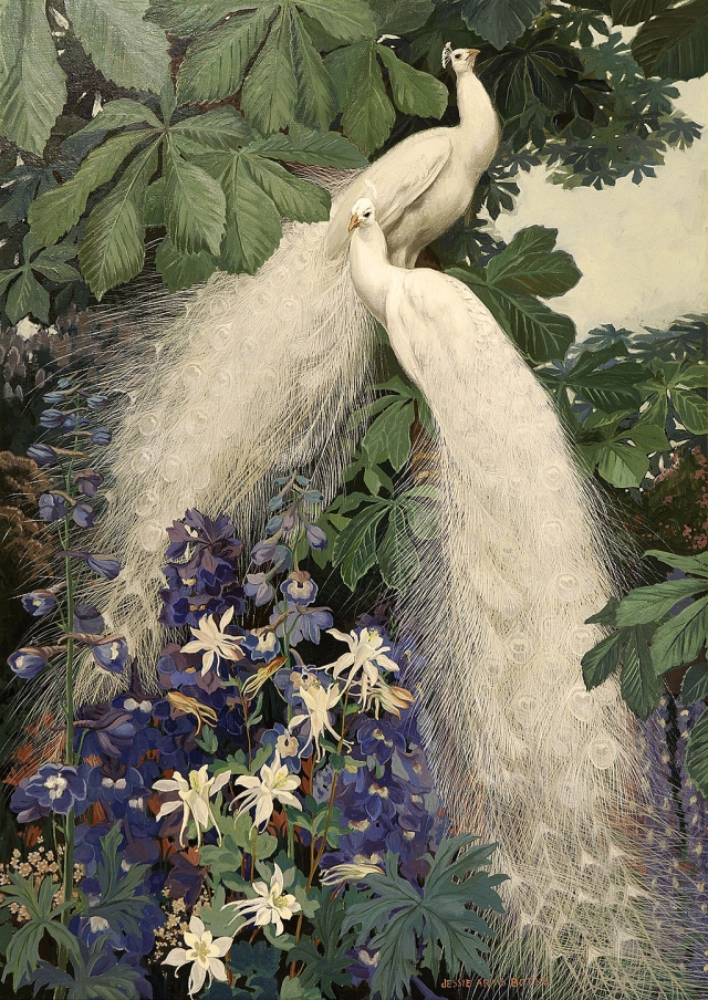 "Peacocks and Delphiniums" by Jessie Arms Botke, oil on board.